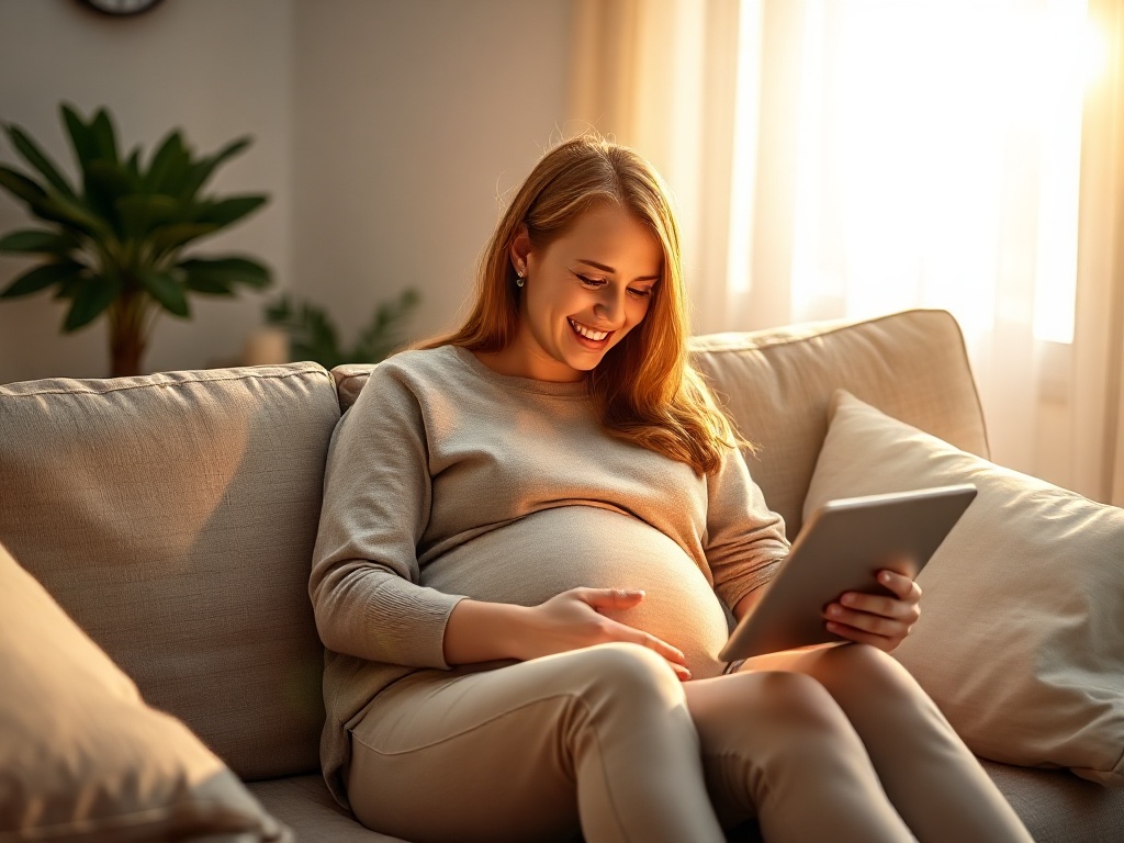 "gentle pregnant couple on a couch" "viewing a glowing tablet" "soft baby swaddling cloth" "warm golden light" "calm trainer silhouette" "homey room" "soothing atmosphere"