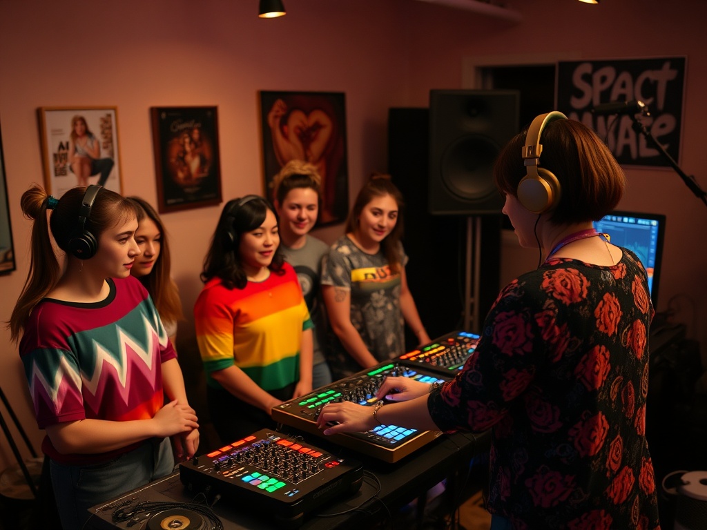 A diverse group of queer creators learning DJing, woman mentor at laptop and controller, colorful music wave visuals, cozy studio, warm supportive mood.