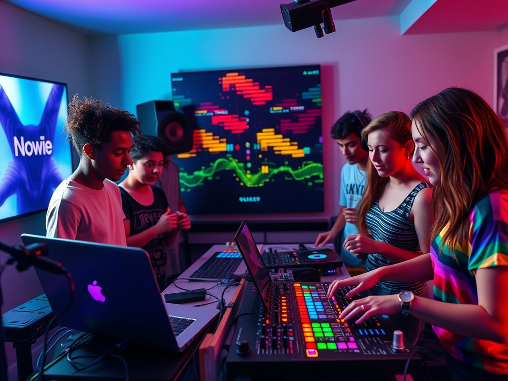 A diverse group of queer creators learning DJing, woman mentor at laptop and controller, colorful music wave visuals, cozy studio, warm supportive mood.
