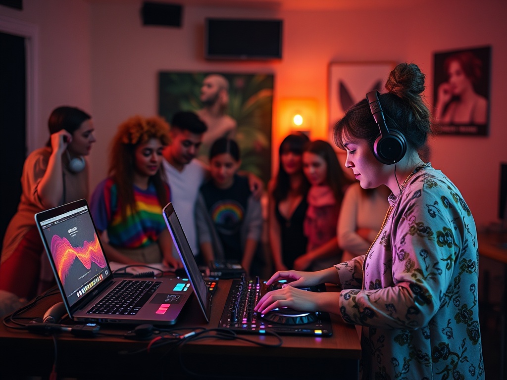 A diverse group of queer creators learning DJing, woman mentor at laptop and controller, colorful music wave visuals, cozy studio, warm supportive mood.
