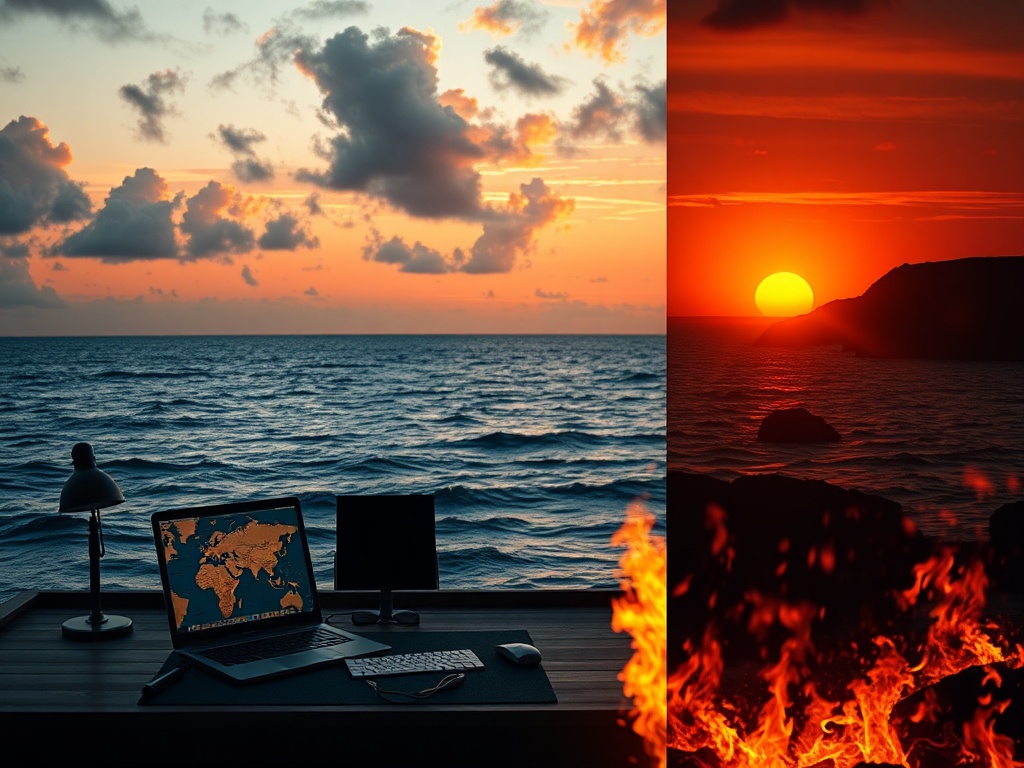 Split scene into three panels "vacation overview" "mental release" "renewed focus flames"; serene ocean desk map glow; then calm burning embers; return with radiant sunrise.
