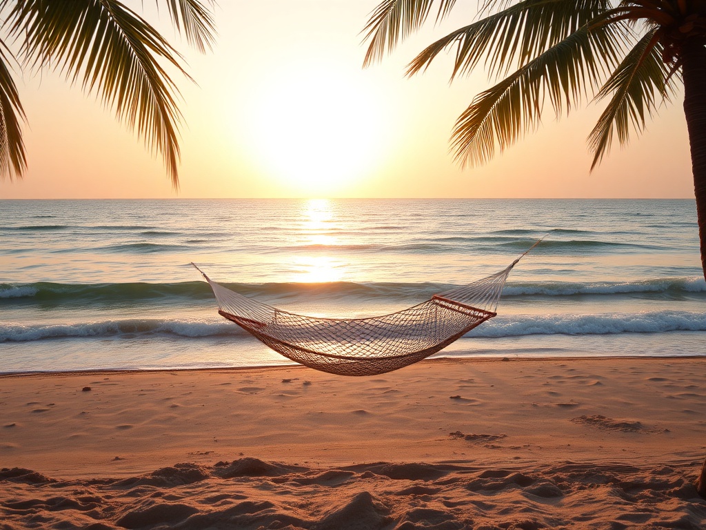 "calm seaside at golden hour, gentle waves, sun-dappled reflections, a hammock between two palms, soft breeze, warm pastel sky" "balanced composition, quiet vacation mood"