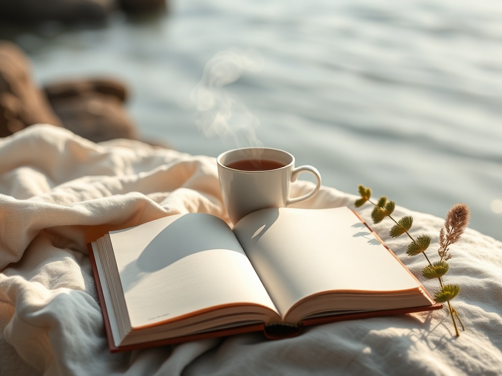 "soft morning light" "linen blanket" "tea cup steam" "open notebook with blank pages" "gentle plants" "calm coastal backdrop" "balanced composition"