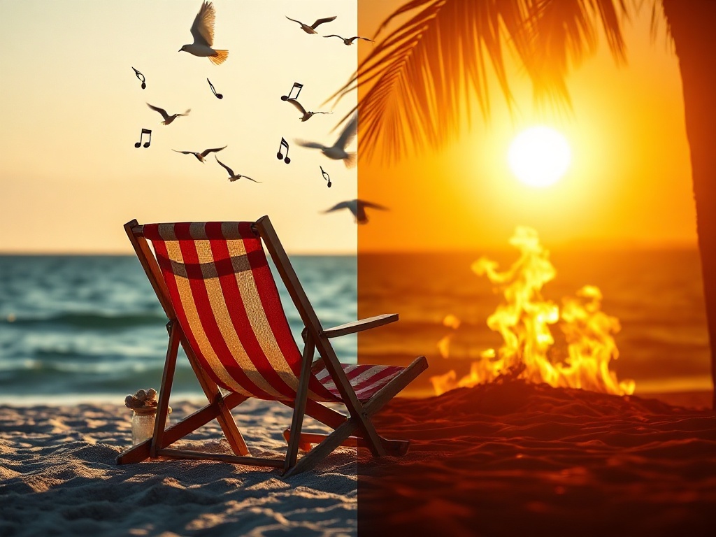 A sunlit vacation scene 'empty beach chair', 'calm mind' floating notes as birds, 'warm fire flames' symbolizing renewed energy, 'soft shadows' entrepreneur silhouette.