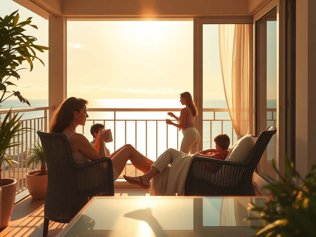 "sunlit balcony" "mother relaxing with tea" "soft ocean horizon" "family silhouettes nearby" "calm warm colors" "peaceful me-time" "restored energy mood"