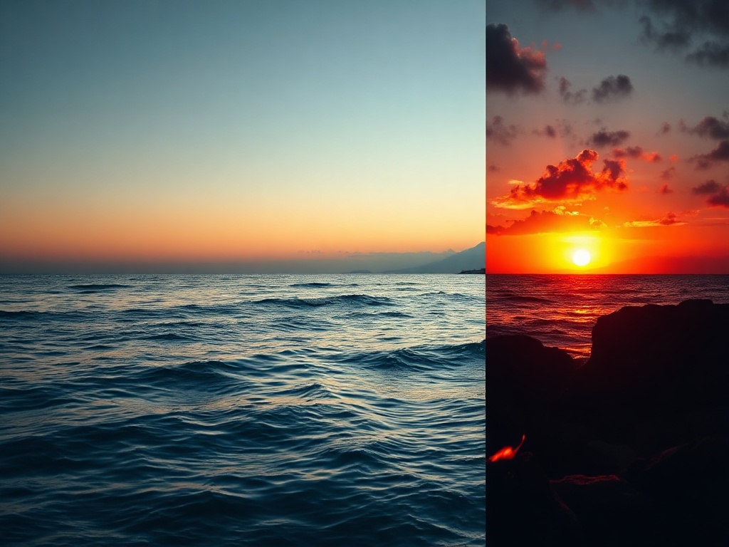 Split scene into three panels "vacation overview" "mental release" "renewed focus flames"; serene ocean desk map glow; then calm burning embers; return with radiant sunrise.