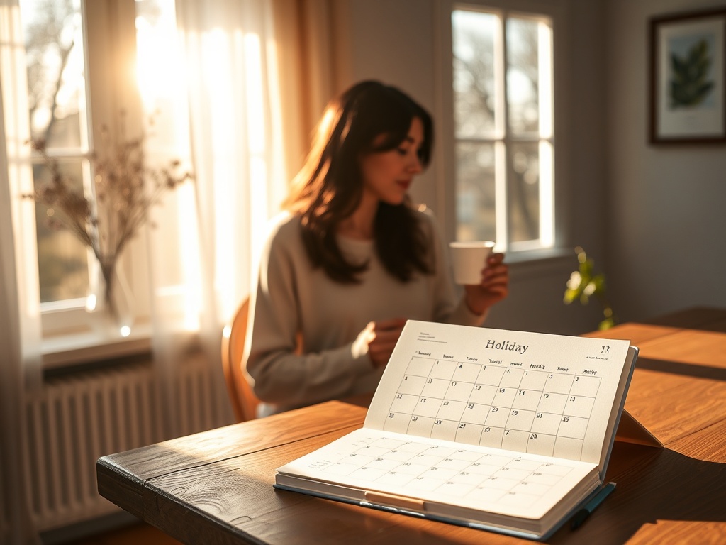 Sunlit room with minimalist holiday planner journal on wooden table, gentle morning light, soft pastel calendar pages, calm mother silhouette with cup of tea, serene nature view through window, no logos"