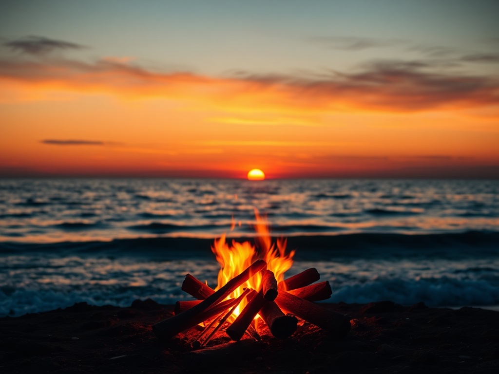 A serene coastal sunset with warm embers drifting from a small campfire into soft flame shapes, contrasted by calm ocean waves, balanced central glow. "
