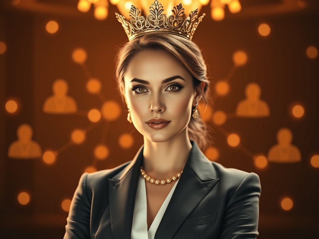 "Elegant female CEO queen portrait in tailored suit, confident gaze, warm golden lighting, subtle crown-like halo, confident posture, abstract network of glowing clients around her, luxurious atmosphere"