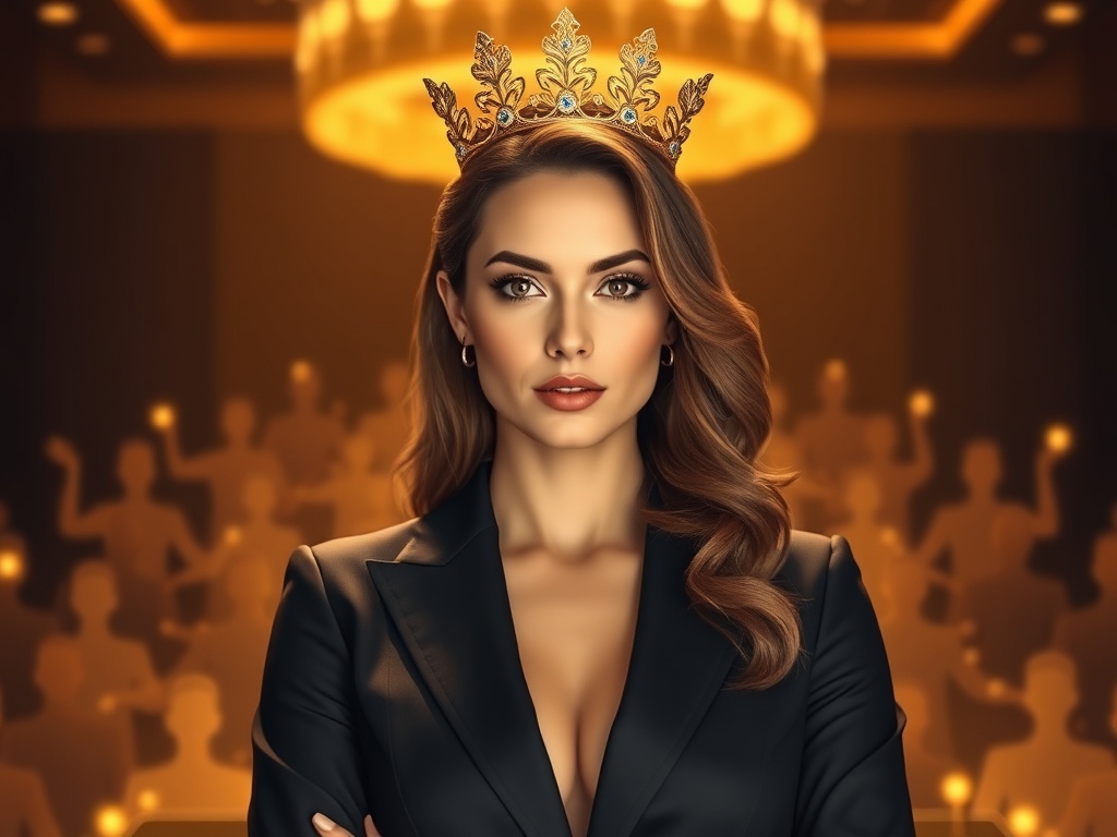 "Elegant female CEO queen portrait in tailored suit, confident gaze, warm golden lighting, subtle crown-like halo, confident posture, abstract network of glowing clients around her, luxurious atmosphere"