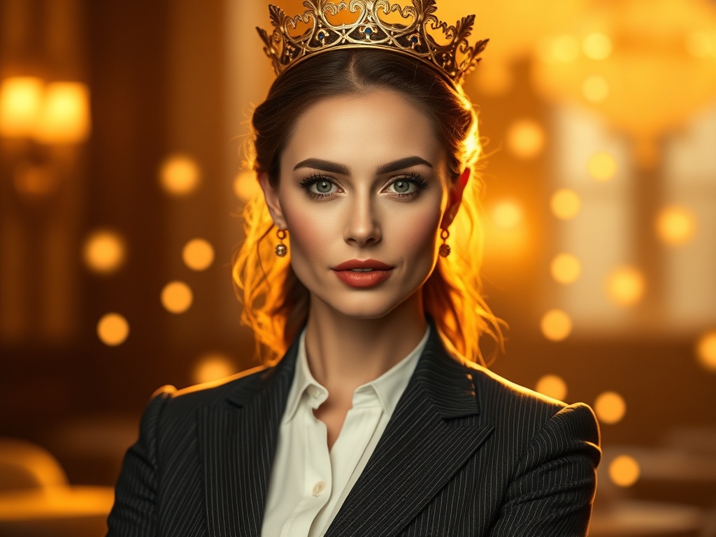 "Elegant female CEO queen portrait in tailored suit, confident gaze, warm golden lighting, subtle crown-like halo, confident posture, abstract network of glowing clients around her, luxurious atmosphere"