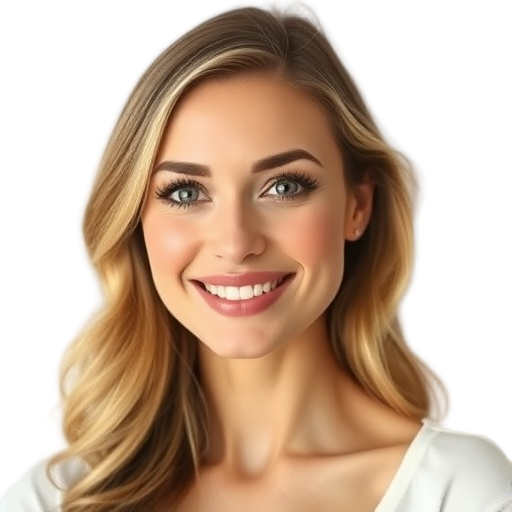 A woman smiling to the camera with a confident, softened presence, elegant neutral makeup, warm light, white background looking like: