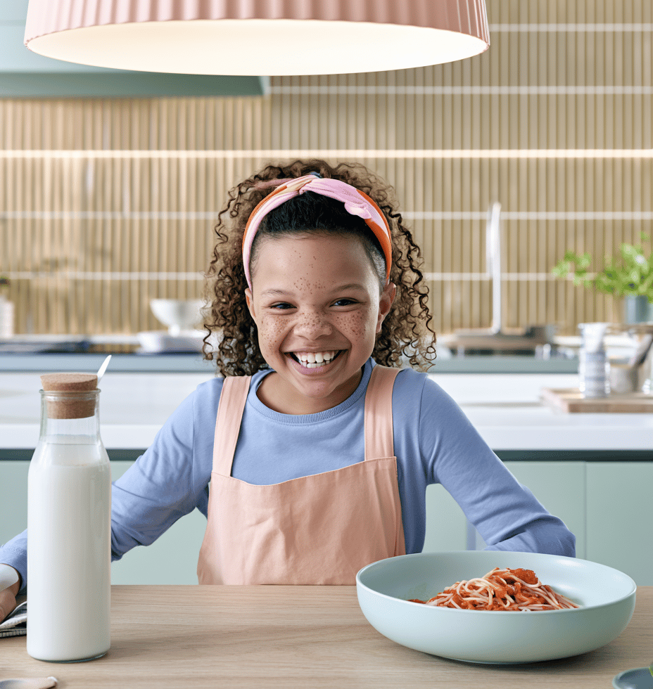 logo mini maxi kookclub koken ouders kinderen kookcursus trots meisje met bord spaghetti