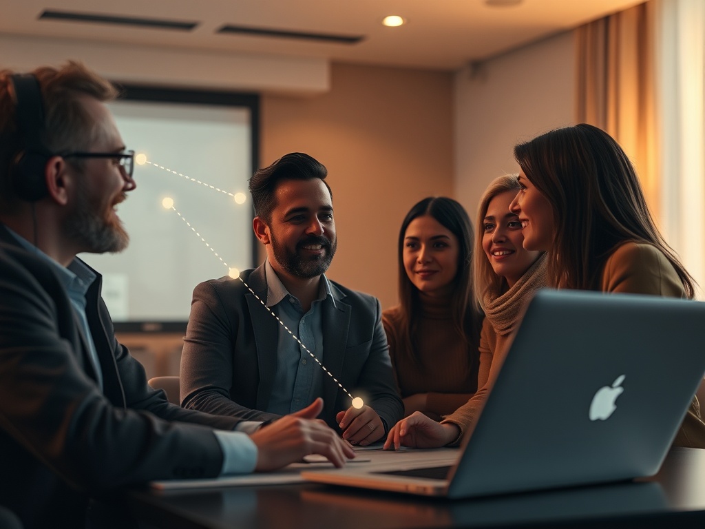 A warm virtual meeting scene, diverse professionals nodding, subtle glowing threads symbolizing recurring patterns, open laptop light, calm transformative atmosphere, cinematic lighting.