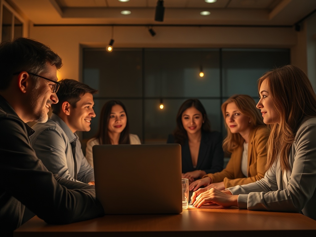 A warm virtual meeting scene, diverse professionals nodding, subtle glowing threads symbolizing recurring patterns, open laptop light, calm transformative atmosphere, cinematic lighting.