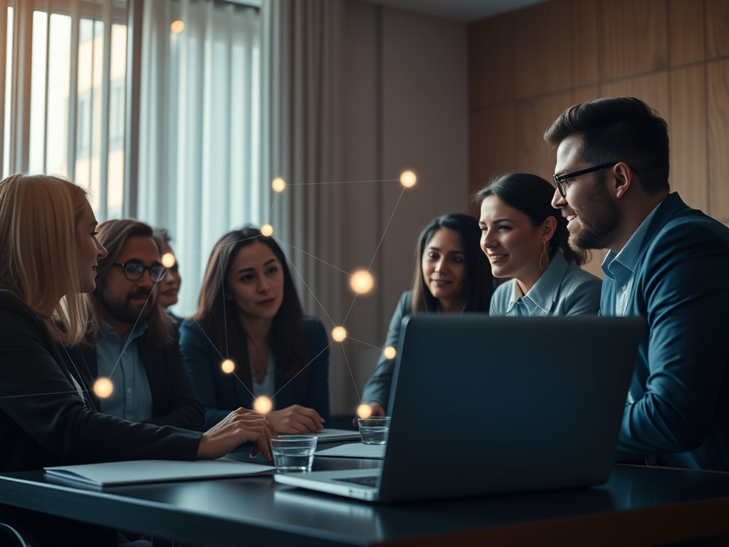 A warm virtual meeting scene, diverse professionals nodding, subtle glowing threads symbolizing recurring patterns, open laptop light, calm transformative atmosphere, cinematic lighting.