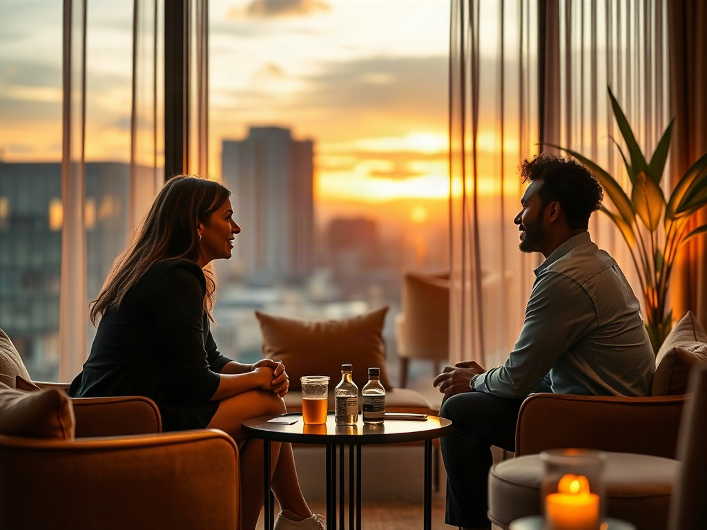 "warm luxe hotel lounge at dusk" "three diverse leaders in thoughtful conversation" "soft golden light" "subtle abstract coaching symbols" "calm reflective mood"