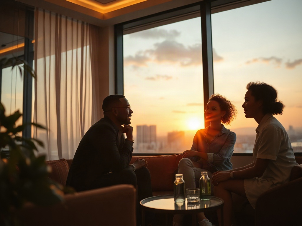 "warm luxe hotel lounge at dusk" "three diverse leaders in thoughtful conversation" "soft golden light" "subtle abstract coaching symbols" "calm reflective mood"