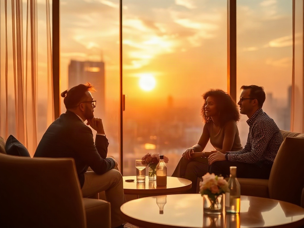 "warm luxe hotel lounge at dusk" "three diverse leaders in thoughtful conversation" "soft golden light" "subtle abstract coaching symbols" "calm reflective mood"