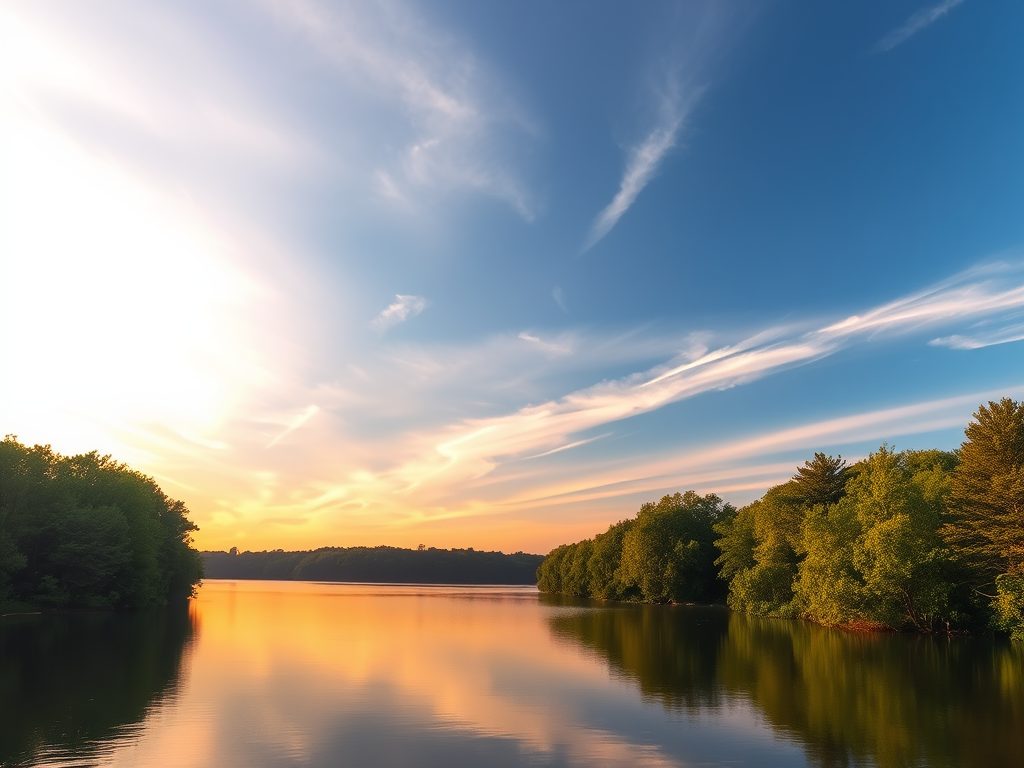 Rustig landschap met een kalme meer en opkomende zon.
