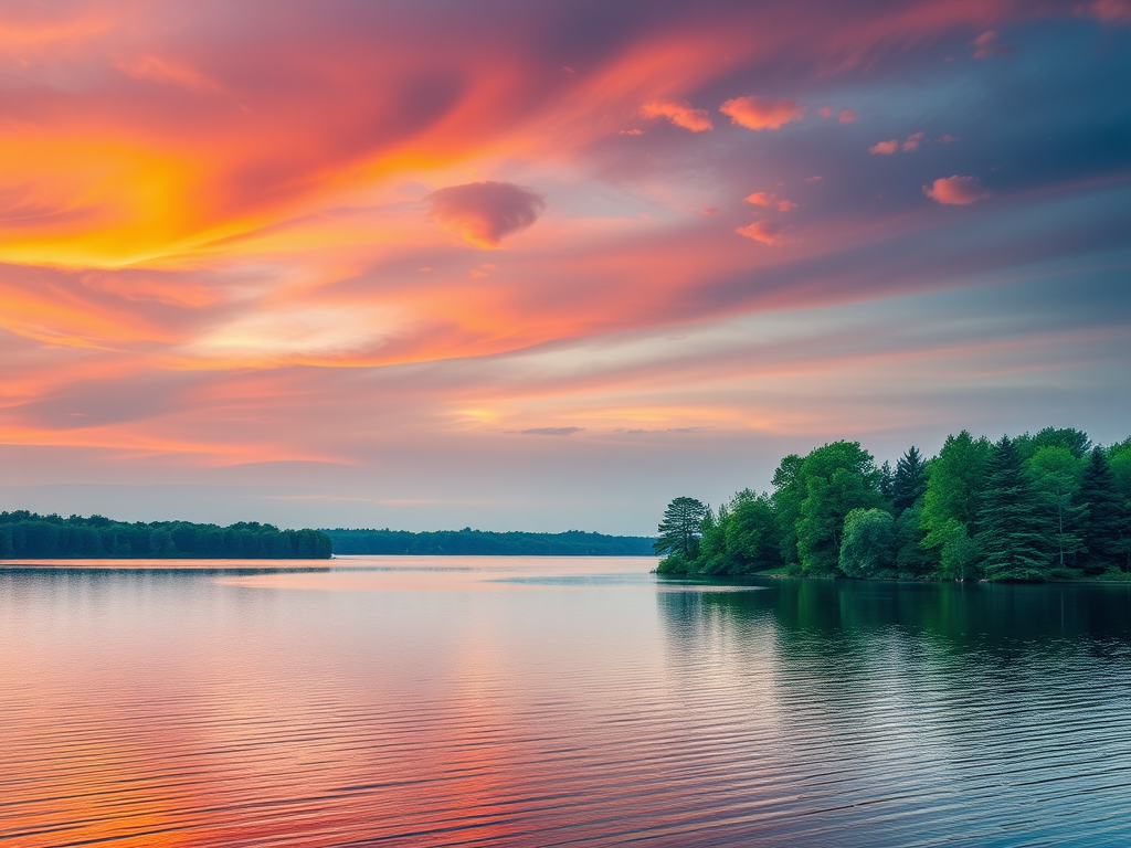 Rustig landschap met een meer en kleurrijke zonsopgang.