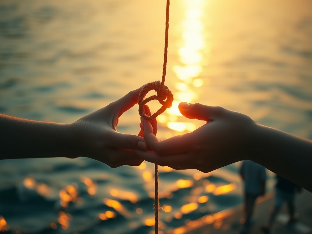 "A calm person at sunrise by flowing water, soft hands releasing tight knot on thread, warm heart-shaped light between hearts, gentle community silhouettes walking." "Minimal colors