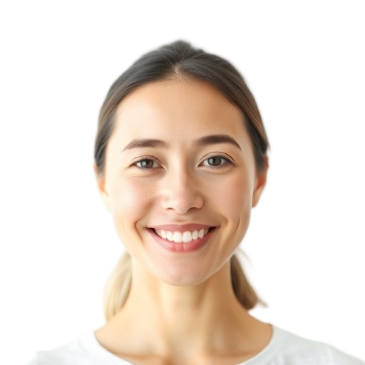 A person smiling to the camera with a warm calm expression, gentle eyes, subtle smile lines; white background; soft natural light; centered composition
