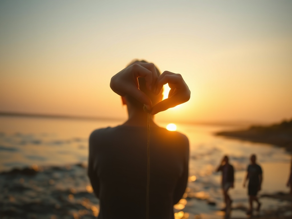 "A calm person at sunrise by flowing water, soft hands releasing tight knot on thread, warm heart-shaped light between hearts, gentle community silhouettes walking." "Minimal colors