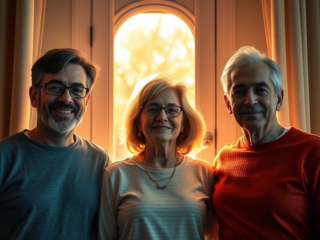 "three adults in mid-30s/40s" "morning window light" "transition from cluttered stress colors to calm warm tones" "soft heart-shaped glow" "peaceful expressions"