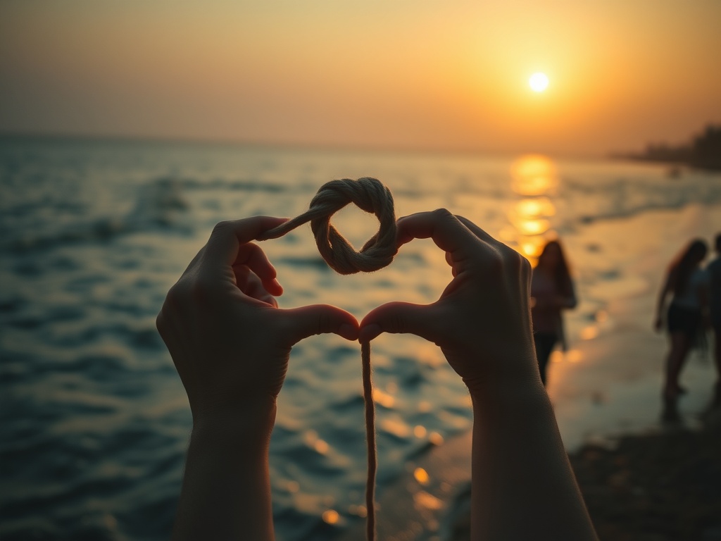 "A calm person at sunrise by flowing water, soft hands releasing tight knot on thread, warm heart-shaped light between hearts, gentle community silhouettes walking." "Minimal colors