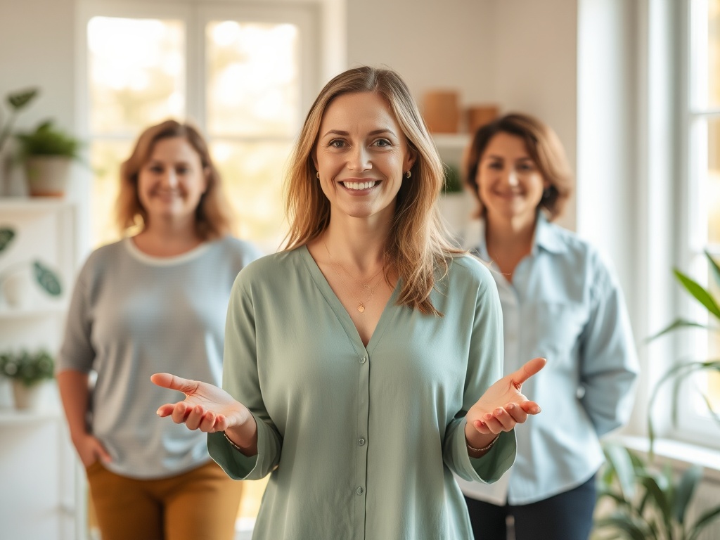 "A serene, compassionate life coach guiding adults 30-50 through a calm, sunlit workspace; soft colors, gentle posture, open hands, warmth, balance, subtle heart motif."