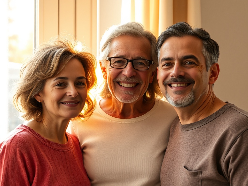 "three adults in mid-30s/40s" "morning window light" "transition from cluttered stress colors to calm warm tones" "soft heart-shaped glow" "peaceful expressions"