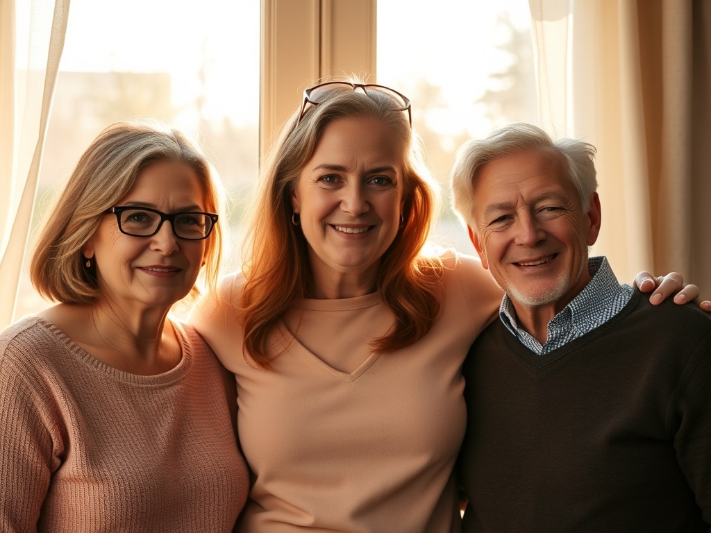"three adults in mid-30s/40s" "morning window light" "transition from cluttered stress colors to calm warm tones" "soft heart-shaped glow" "peaceful expressions"