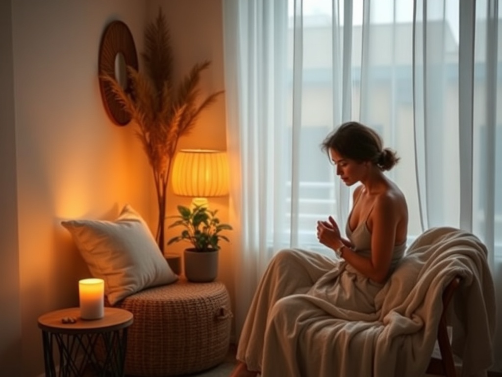 A tranquil home corner as “Sacred Place” with soft cushions, warm lamp light, a small plant, blanket draped chair, gentle candle glow, calm woman silhouette, serene atmosphere