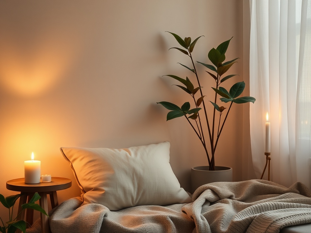A serene home corner with soft cushion, warm lamp glow, gentle candlelight, flowing plant leaves, calming textiles, and subtle breath-like atmosphere, inviting reflection