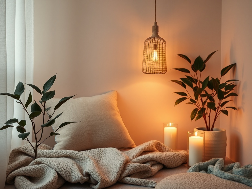 A serene home corner with soft cushion, warm lamp glow, gentle candlelight, flowing plant leaves, calming textiles, and subtle breath-like atmosphere, inviting reflection
