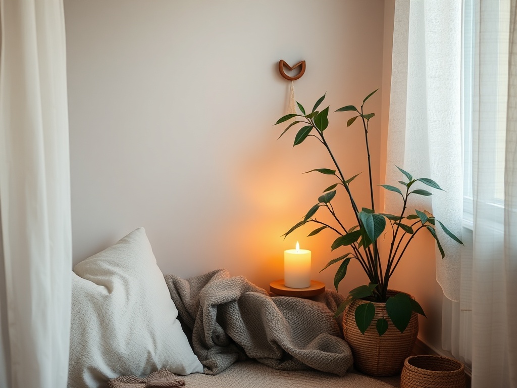 A serene home corner with soft cushion, warm lamp glow, gentle candlelight, flowing plant leaves, calming textiles, and subtle breath-like atmosphere, inviting reflection