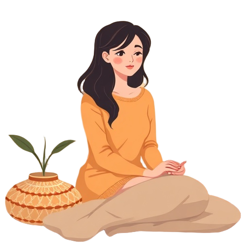 Carefully describe an image in great detail that needs to be generate, use quotes to split visual things, "a woman" "sitting in a calm corner" "soft warm light" "cushion blanket plant candle serene"