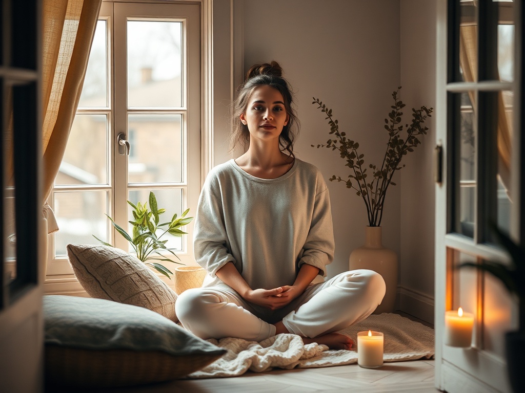 A serene home nook by a window "soft warm light" "cushion and blanket" "small plant" "unlit candle" "peaceful woman sitting grounding breath" "quiet atmosphere"