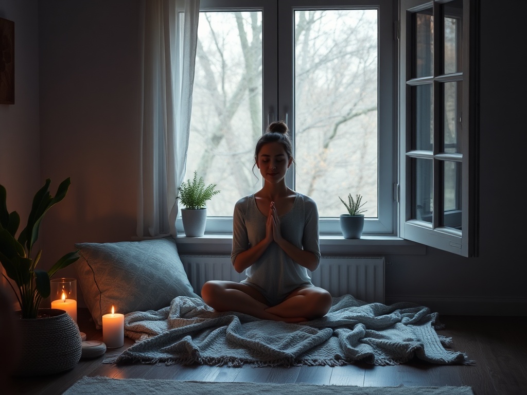 A serene home nook by a window "soft warm light" "cushion and blanket" "small plant" "unlit candle" "peaceful woman sitting grounding breath" "quiet atmosphere"
