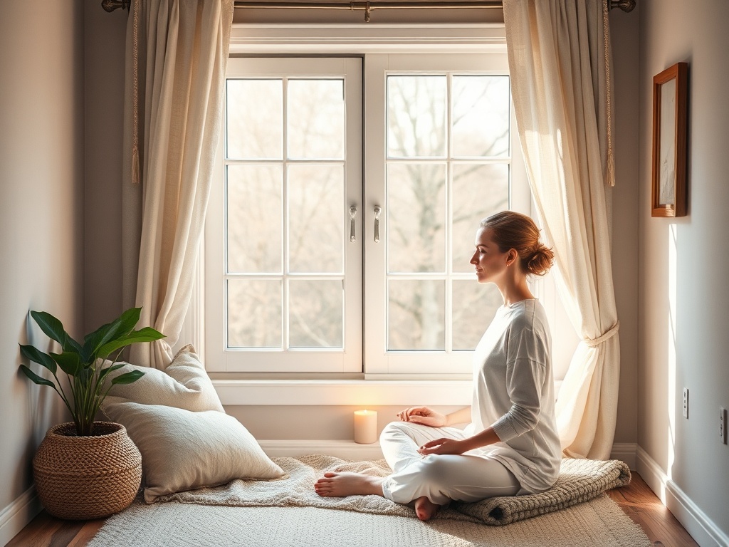 A serene home nook by a window "soft warm light" "cushion and blanket" "small plant" "unlit candle" "peaceful woman sitting grounding breath" "quiet atmosphere"