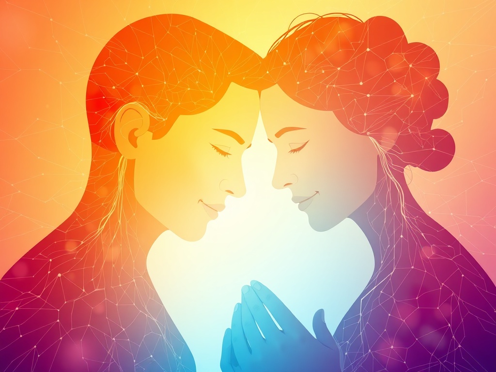 “warm abstract portrait of two people” “calm light rays” “overlapping neural pathways” “subtle ocean of confidence” “supportive hands” “testimonial mood” “soft pastel gradients”