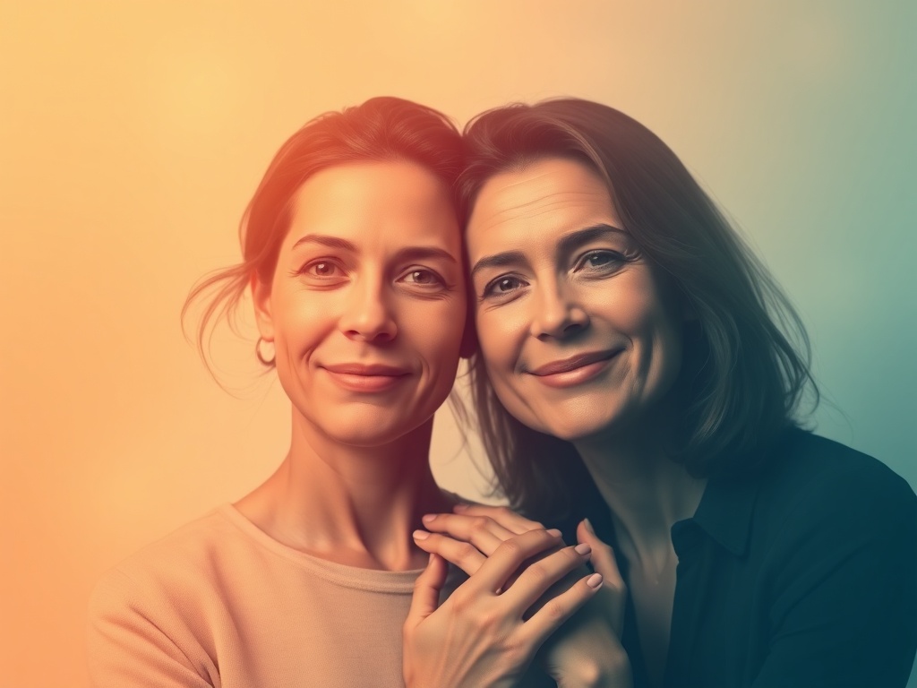 “warm abstract portrait of two people” “calm light rays” “overlapping neural pathways” “subtle ocean of confidence” “supportive hands” “testimonial mood” “soft pastel gradients”