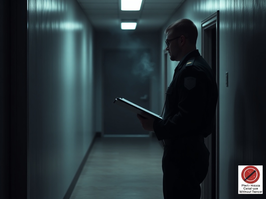 A professional in dark uniform at a dim hallway during a routine inspection, holding a clipboard, observing “unusual odors” and “strange chemical-like containers”, tense atmosphere, empty doorway, cautious stance, subtle smoke-like haze, realistic