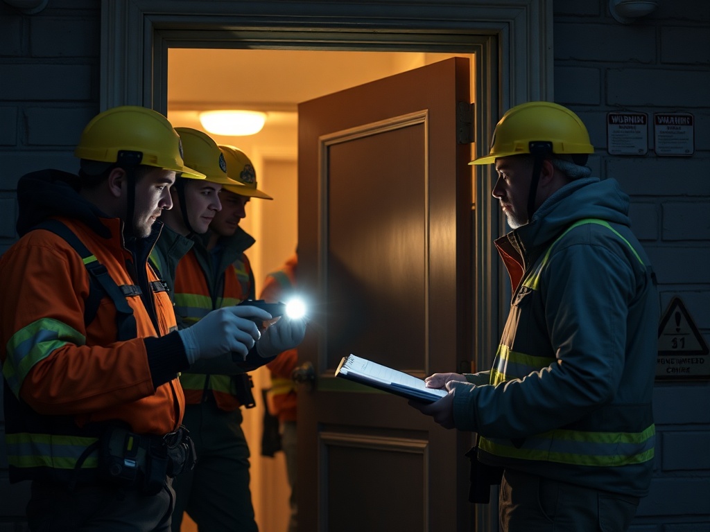 A tense yet professional scene of field workers outside a doorway, inspecting with flashlights and notepad, blurred warning cues, teamwork, safety gear, dusk.