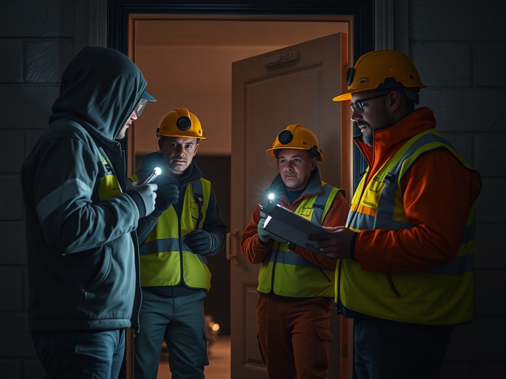 A tense yet professional scene of field workers outside a doorway, inspecting with flashlights and notepad, blurred warning cues, teamwork, safety gear, dusk.