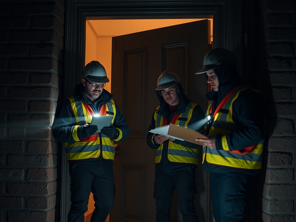 A tense yet professional scene of field workers outside a doorway, inspecting with flashlights and notepad, blurred warning cues, teamwork, safety gear, dusk.