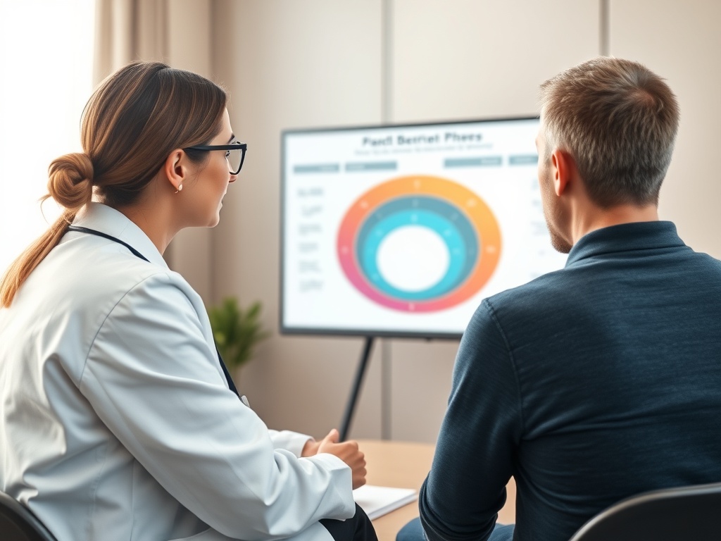 A clinician presenting a layered flowchart-like diagram to a patient, shown as color-coded phases, calm meeting room, warm light, subtle circular pathways, no logos.