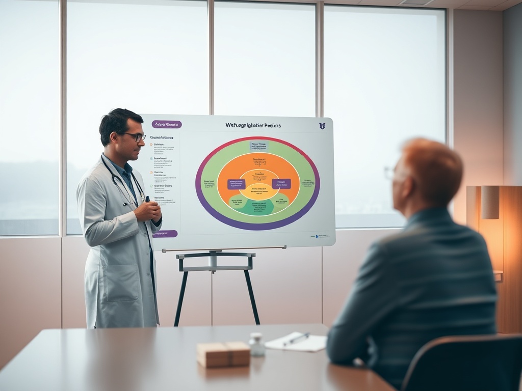 A clinician presenting a layered flowchart-like diagram to a patient, shown as color-coded phases, calm meeting room, warm light, subtle circular pathways, no logos.