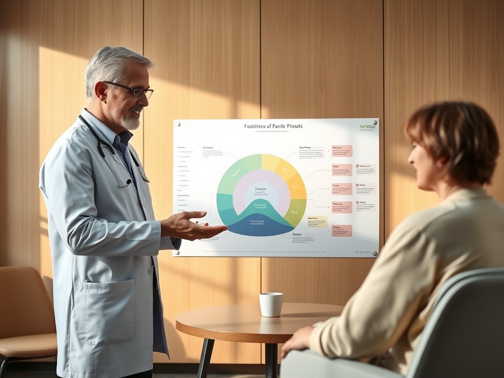 A clinician presenting a layered flowchart-like diagram to a patient, shown as color-coded phases, calm meeting room, warm light, subtle circular pathways, no logos.